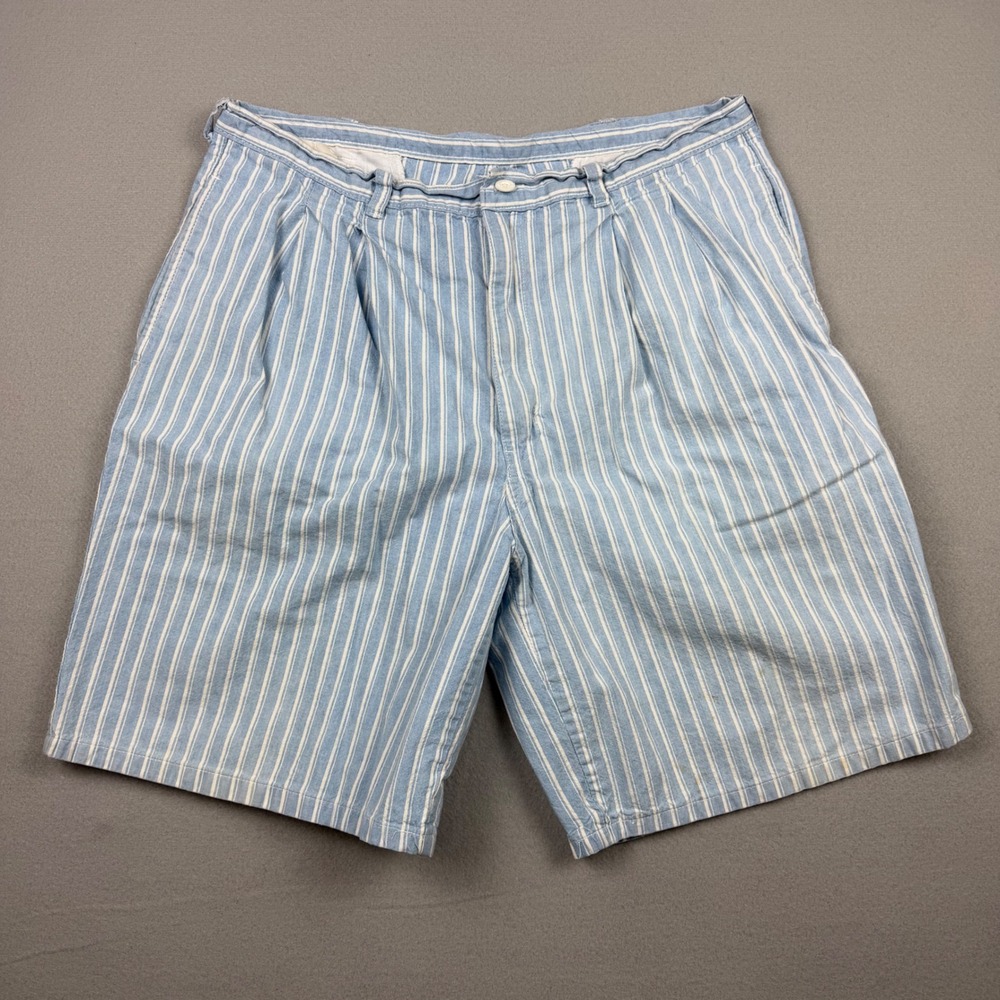 Vintage 90s Duck Head Mens 36 Blue White Striped Pleated Chino Shorts Duck Logo